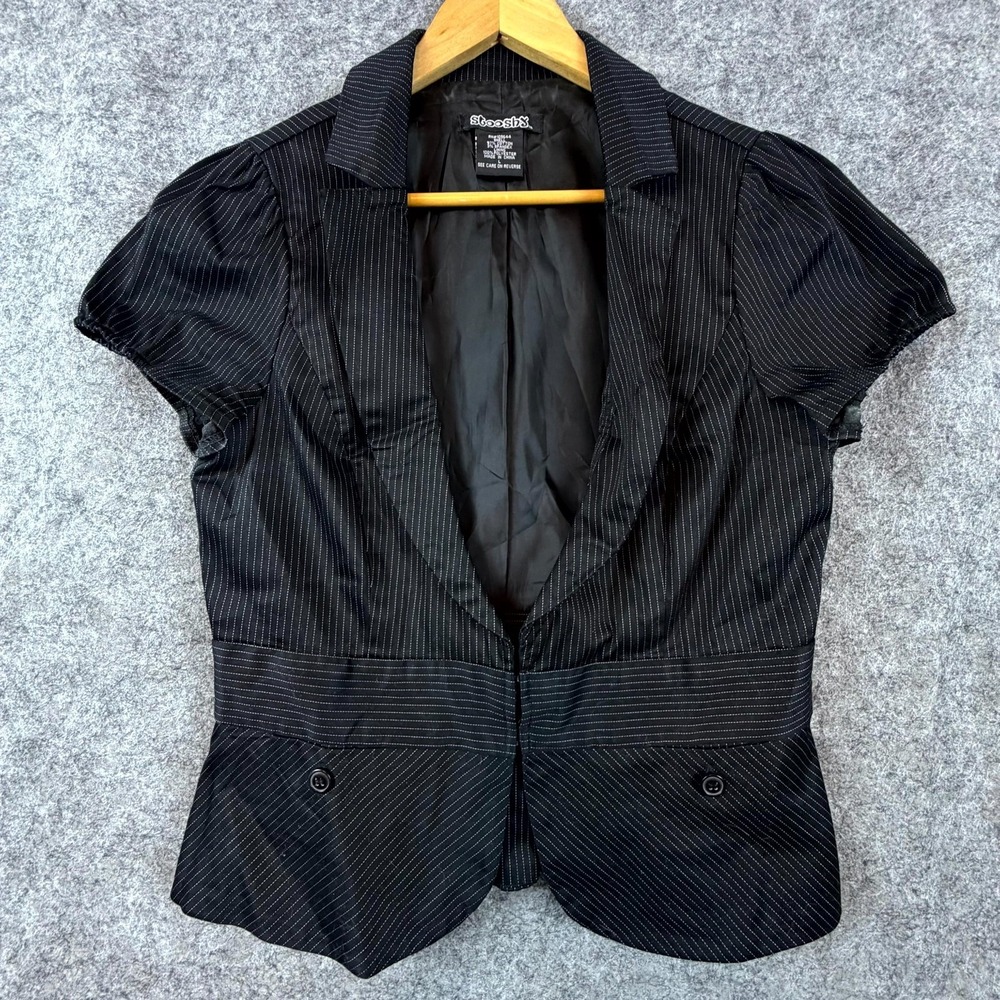 Stooshy Blazer Jacket Womens Large Black‎ Y2K Cotton Stretch Short Sleeve